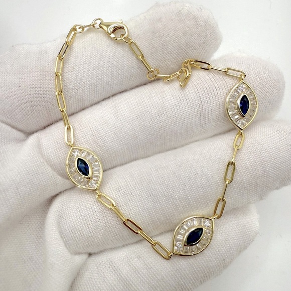 7” Gold Plated over .925 Sterling Silver Cz Evil Eye Bracelet